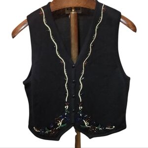 Vintage Joan Leslie Embroidered Beaded Holiday Black Sweater Vest Size Large